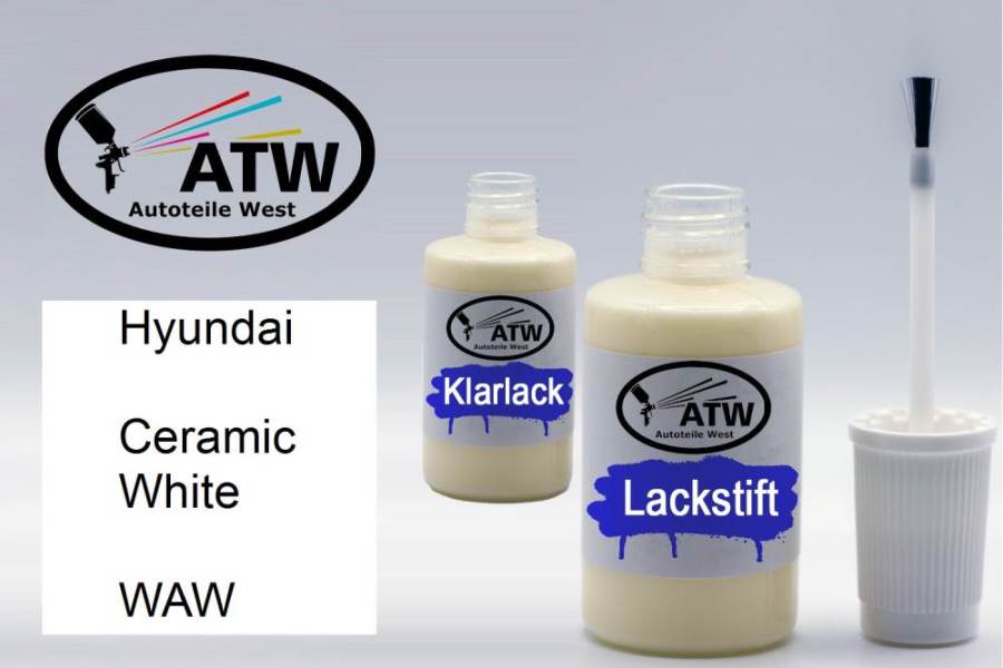 Hyundai, Ceramic White, WAW: 20ml Lackstift + 20ml Klarlack - Set, von ATW Autoteile West.